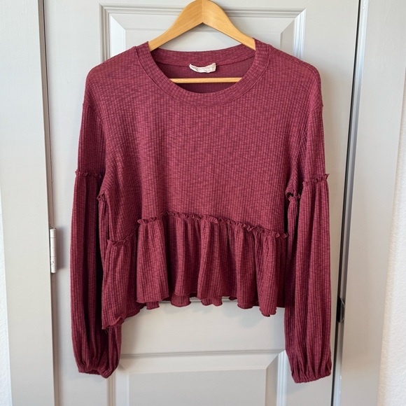 Altar’d State Burgundy Cropped Ruffle Long Sleeve Top Size Medium - Picture 1 of 5